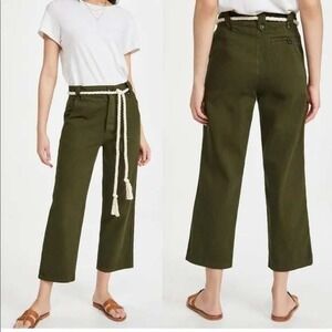 The Great.The Highwaist Trouser Army Green Belted Cropped Cotton Pants 24 NWT